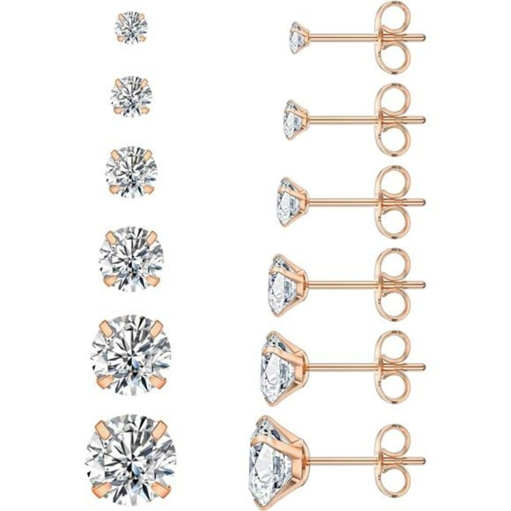 6 Pairs CZ Stud Earrings Set Hypoallergenic Stainless Steel 3mm to 8mm Women
